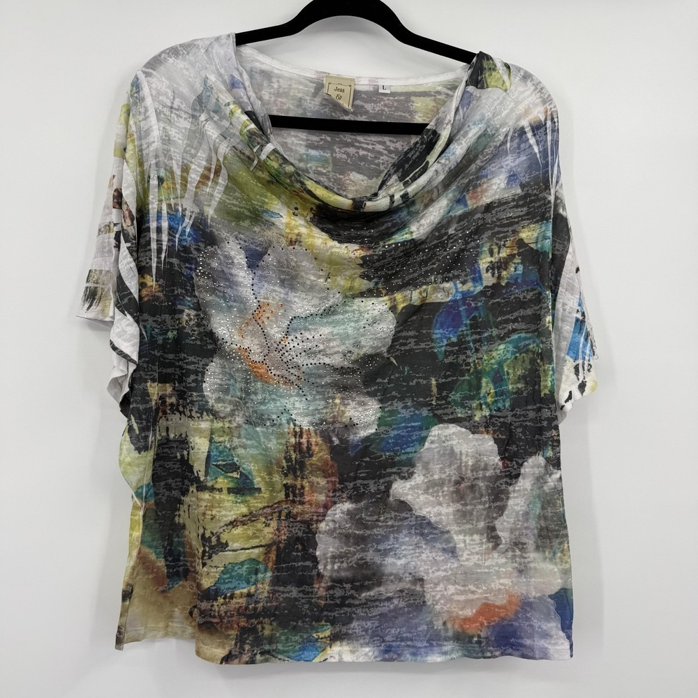 Jess‎ Jane Blouse Top Womens Large Multicolor Cowl Neck Short Sleeve Rhinestone